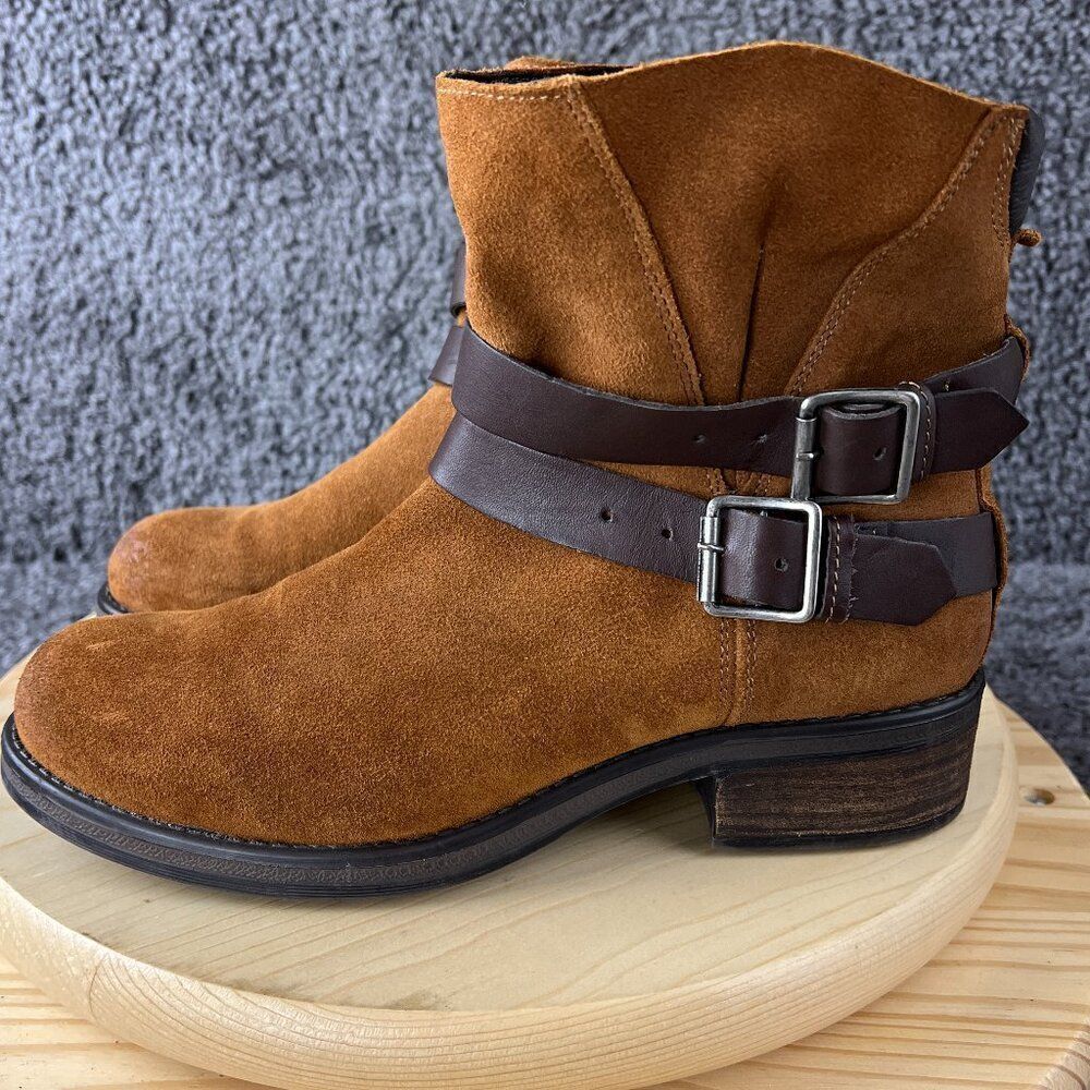 Steve Madden Suede Biker Boots Womens 11 Cognac Brown Leather Moto Zip Lug Sole